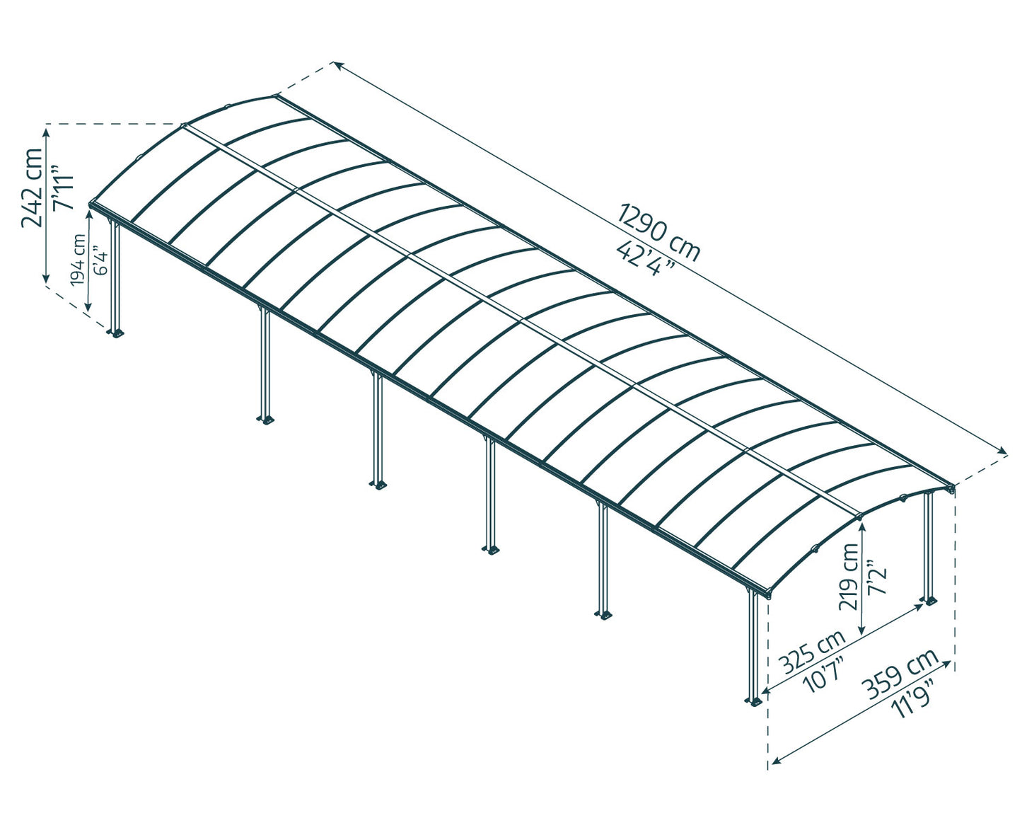 Arcadia Carport 3.6m x 12.9m - Grey Frame With Grey Roof
