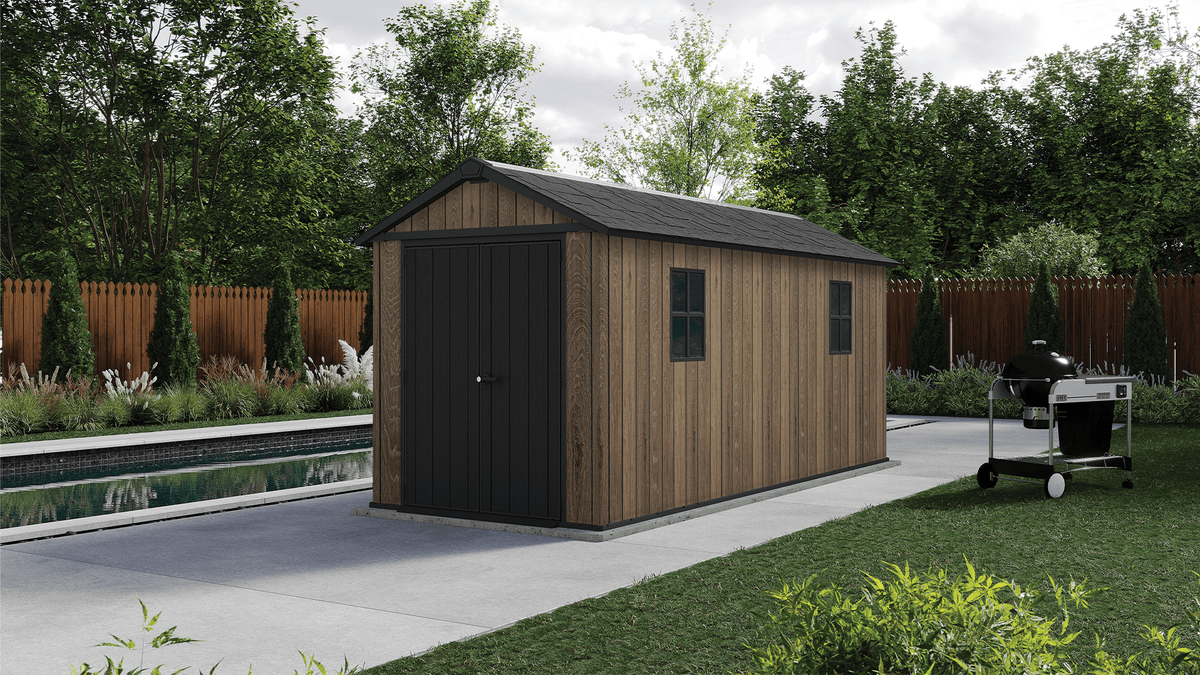 PRE ORDER: OCT. - Keter Apex Shed 7.5x15 - Walnut Look (2.3 x 4.6m)