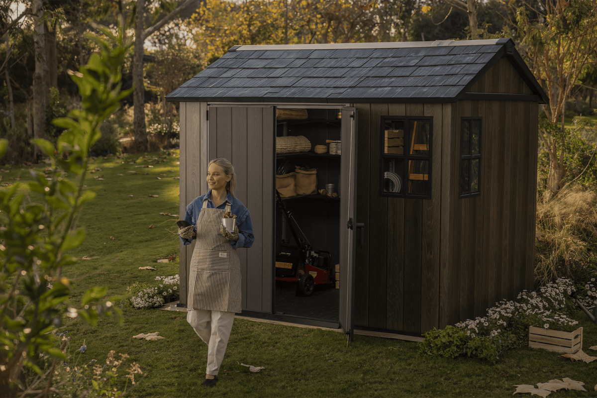 PRE ORDER: OCT. - Keter Apex Shed 7.5x9 - Walnut Look (2.3 x 2.9m)