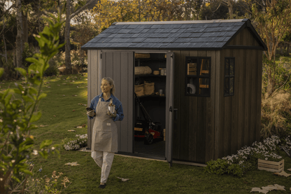 PRE ORDER: OCT. - Keter Apex Shed 7.5x9 - Walnut Look (2.3 x 2.9m)