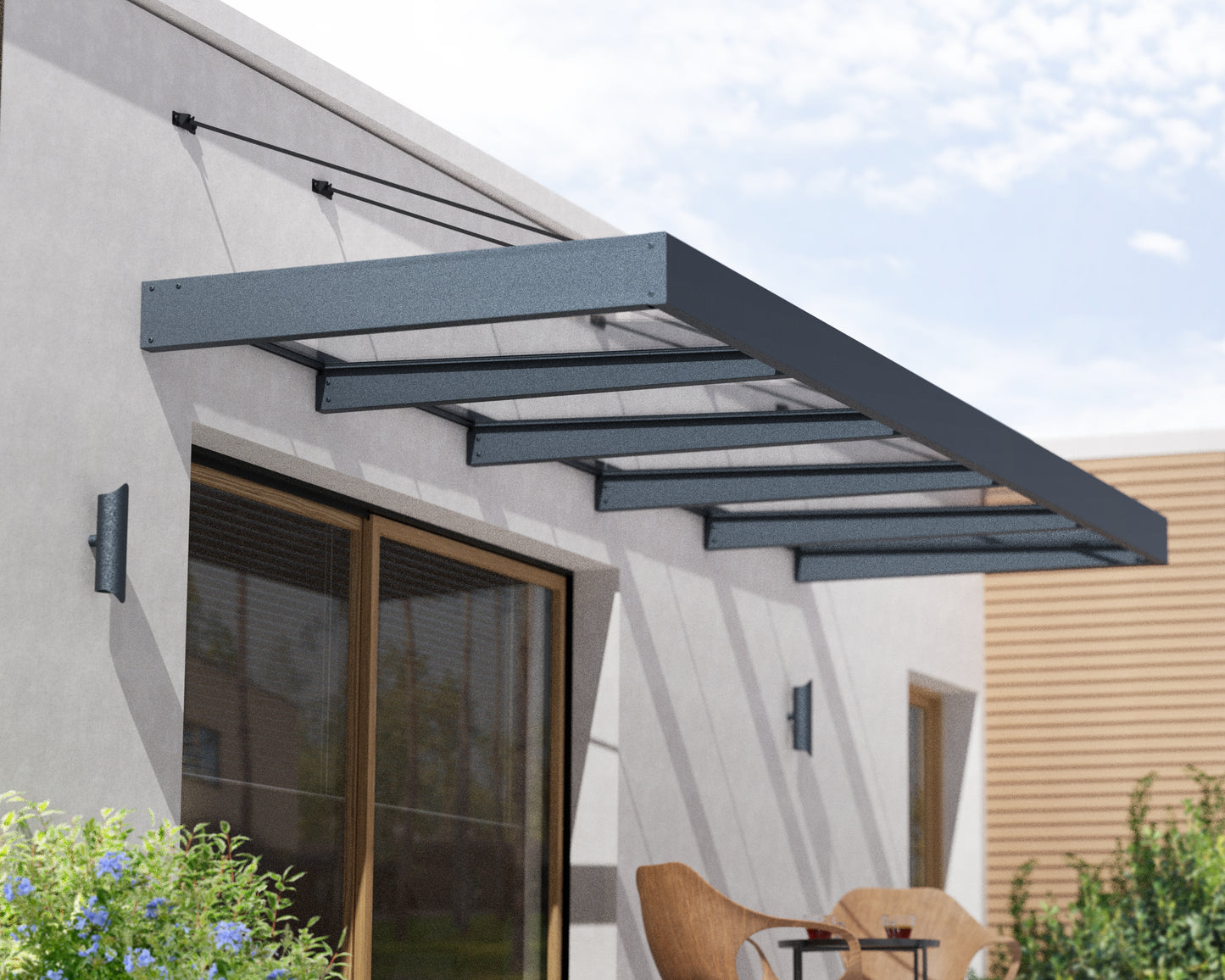 Sophia XL Door Awning 4.7m x 1.4m - Grey Frame with Clear Panel