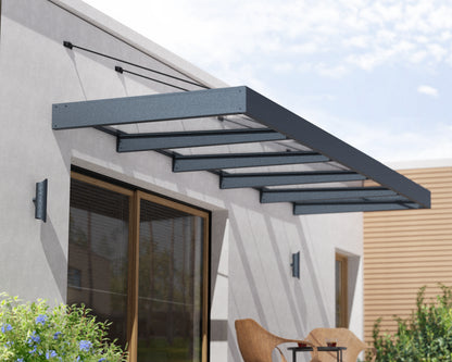 Sophia XL Door Awning 4.7m x 1.4m - Grey Frame with Clear Panel