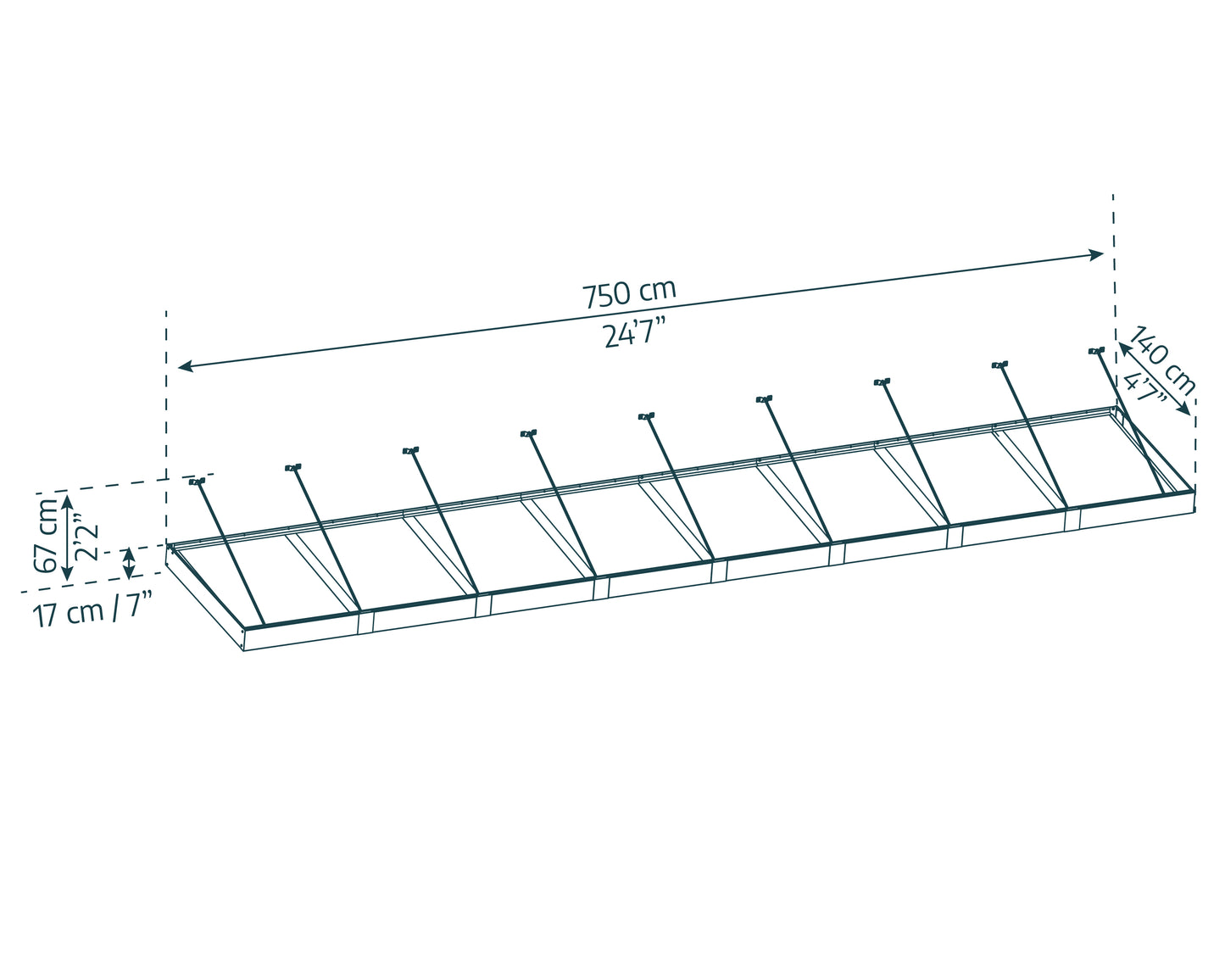 Sophia XL Door Awning 7.5m x 1.4m - Grey Frame with Clear Panel