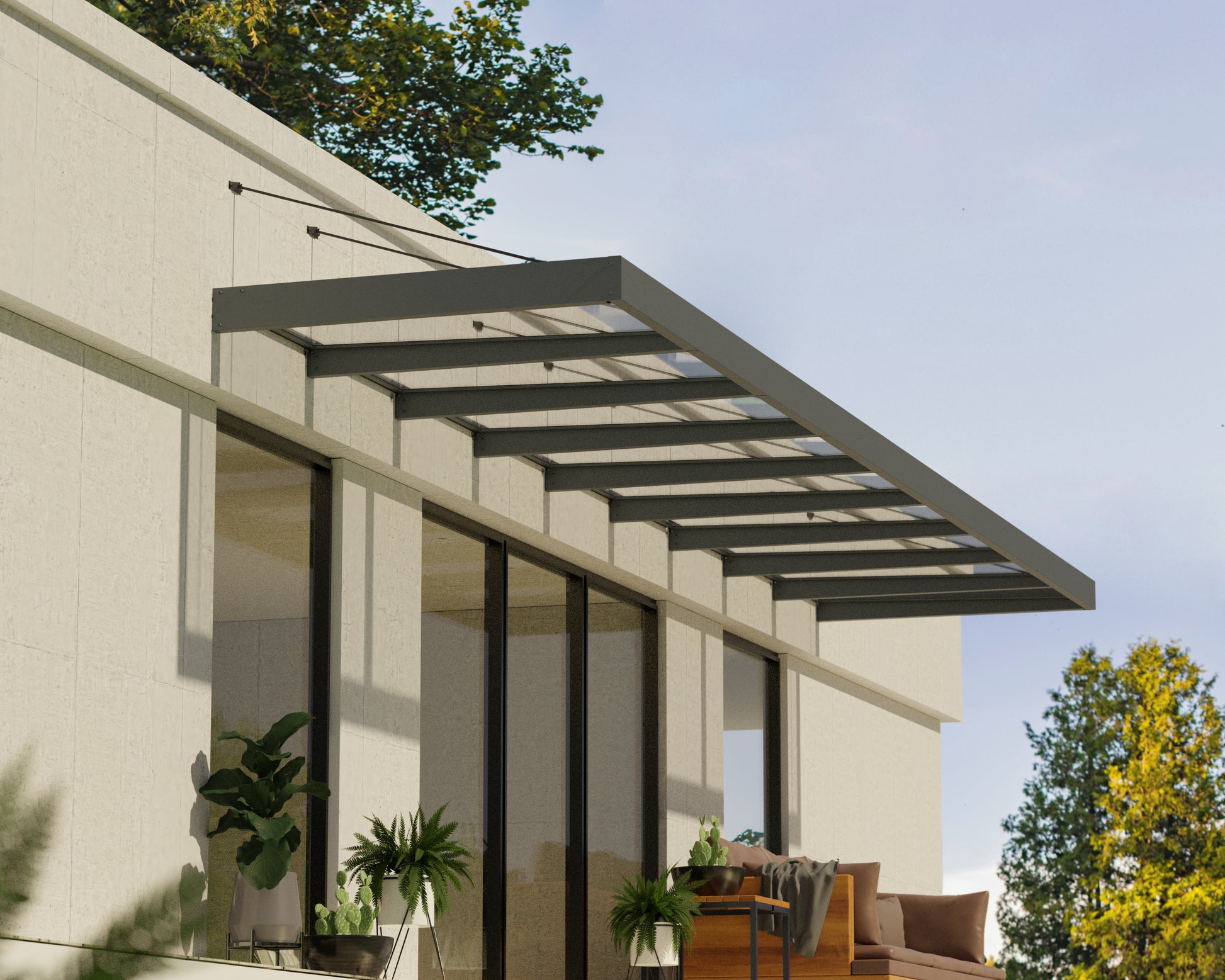 Sophia XL Door Awning 8.5m x 1.4m - Grey Frame with Clear Panel