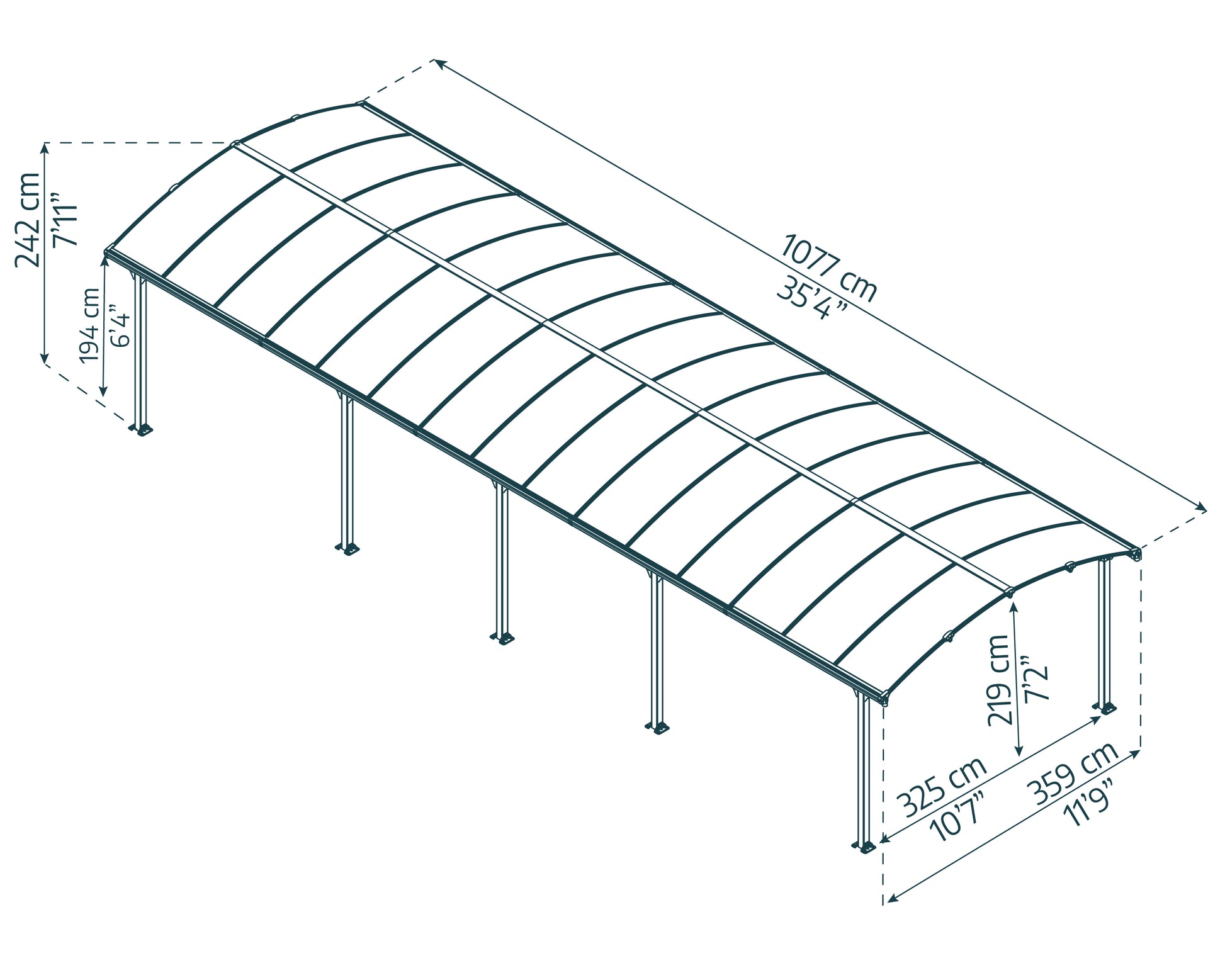 Arcadia Carport 3.6m x 10.8m - Grey Frame With Grey Roof