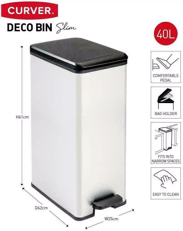 Curver Deco Slim Pedal Bin – 40L – Silver